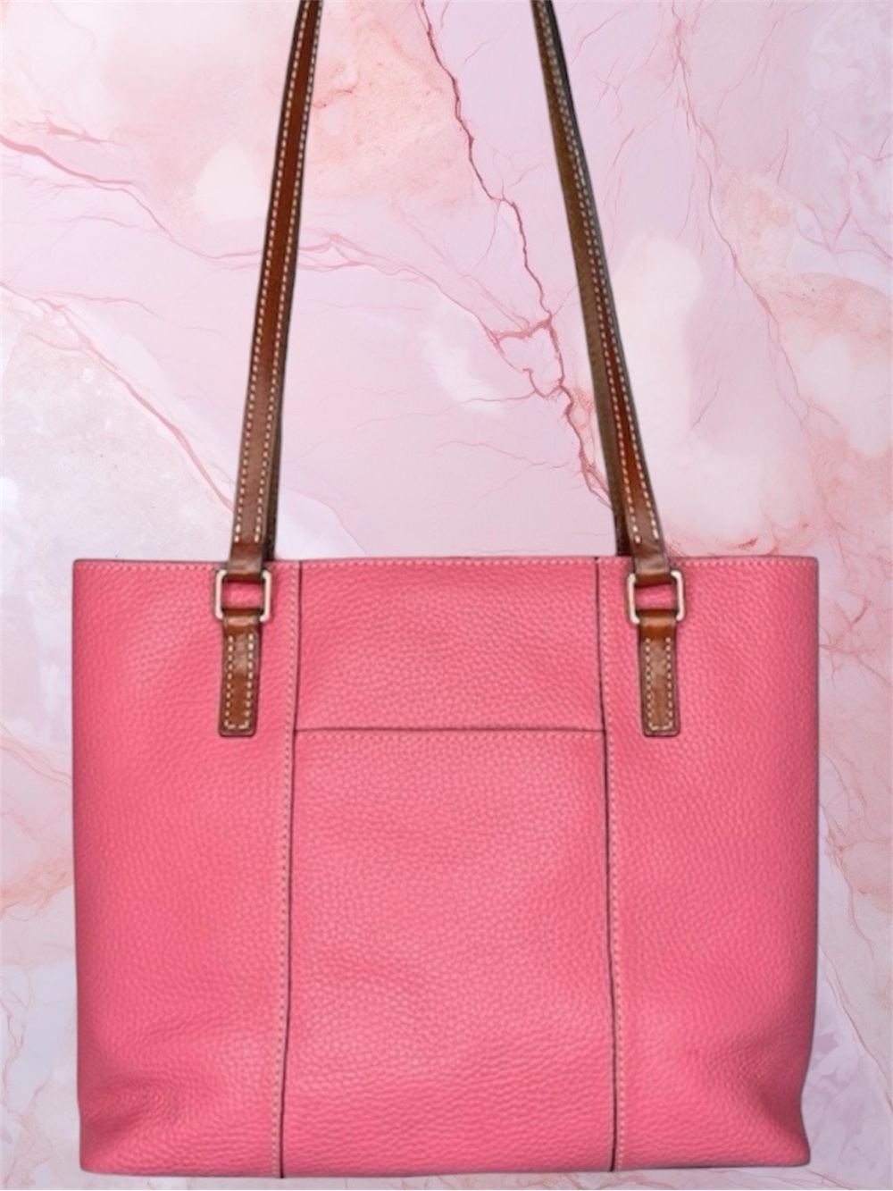 Dooney & Bourke Pink Pebble Leather Tote with Brown Straps and Logo Plaque - Picture 2 of 14